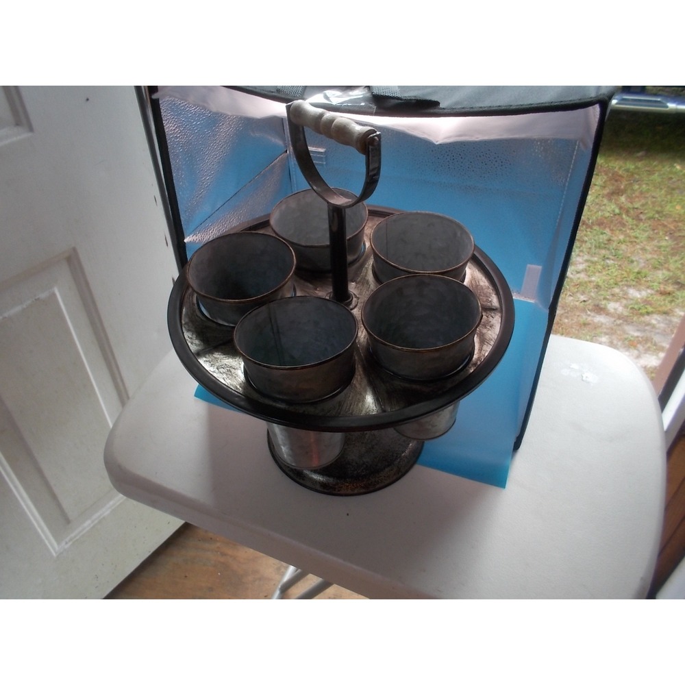 Rustic Galvanized Metal Rotating Caddy 5 Cup Tabletop Organizer Wood Handle